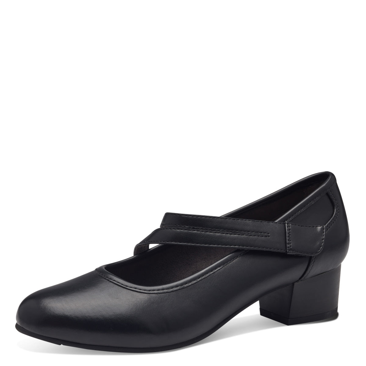 Front view of Jana Black Court Shoe with elasticated strap.