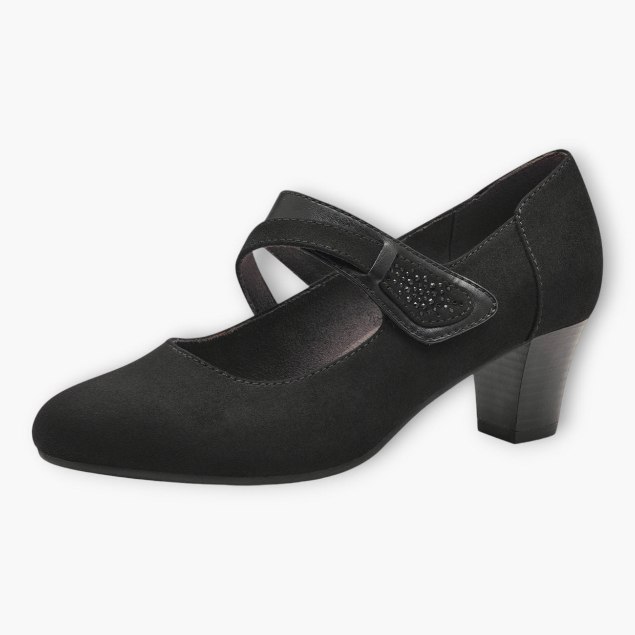 Jana Black Faux Suede Court Shoe with Velcro Strap and Diamante Detail - Leavys Shoes