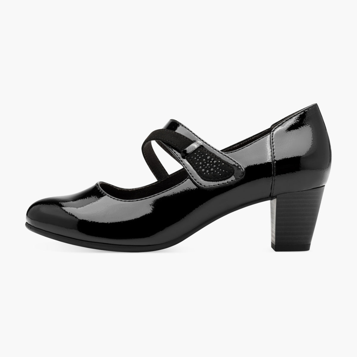 Jana Black Patent Mary Jane with Velcro Strap &amp; Block Heel - Leavys Shoes