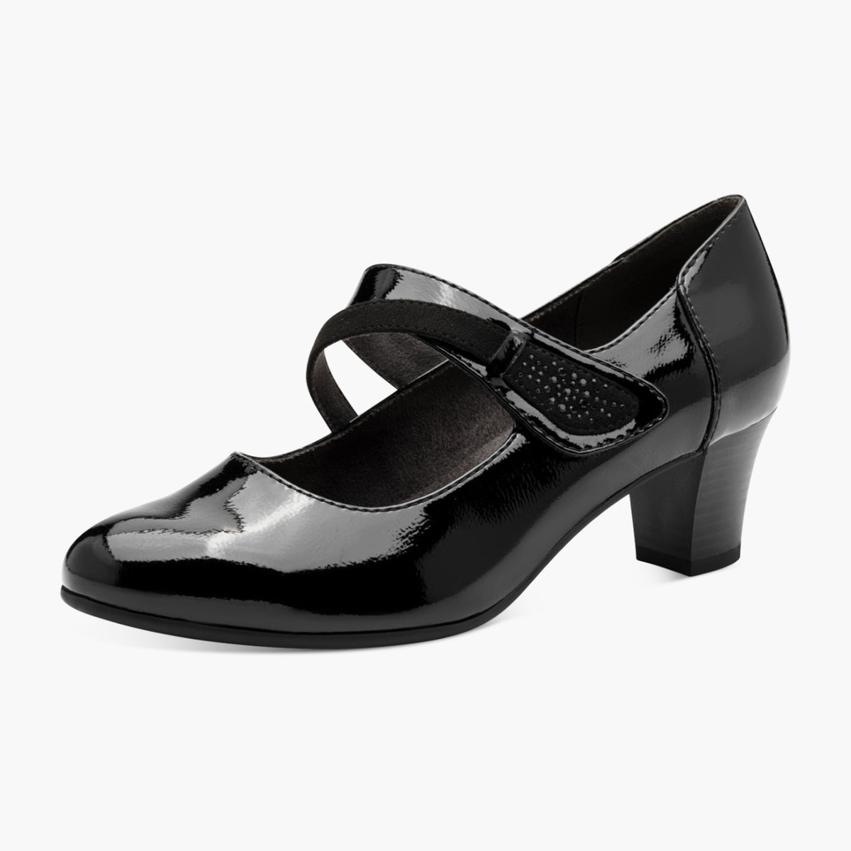 Jana Black Patent Mary Jane with Velcro Strap & Block Heel - Leavys Shoes