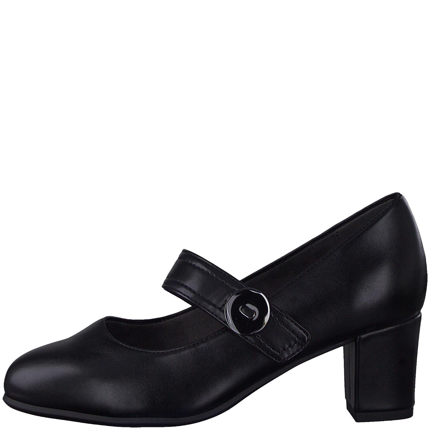 Front view of Jana Black Block Heel with Strap.