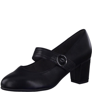 Angled view of Jana Black Block Heel with Strap.