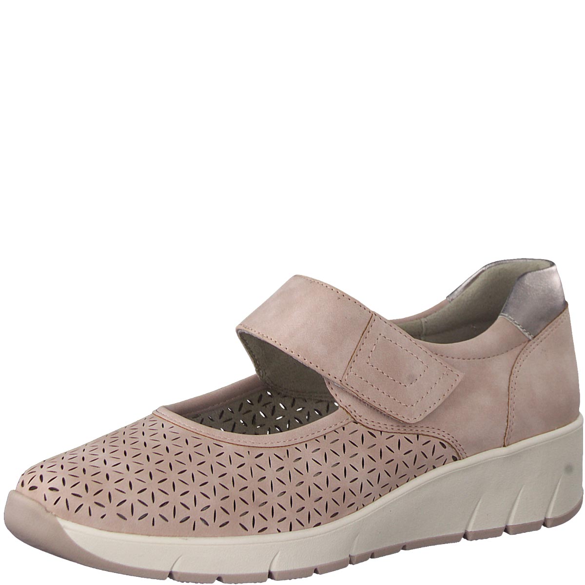 Front view of Jana Soft Pink Shoe with rose gold accents.