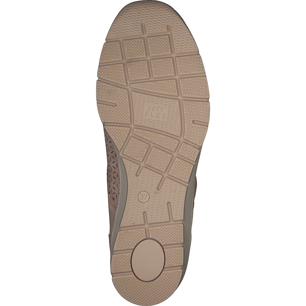 Bottom view of the beige sole with a gentle wedge.