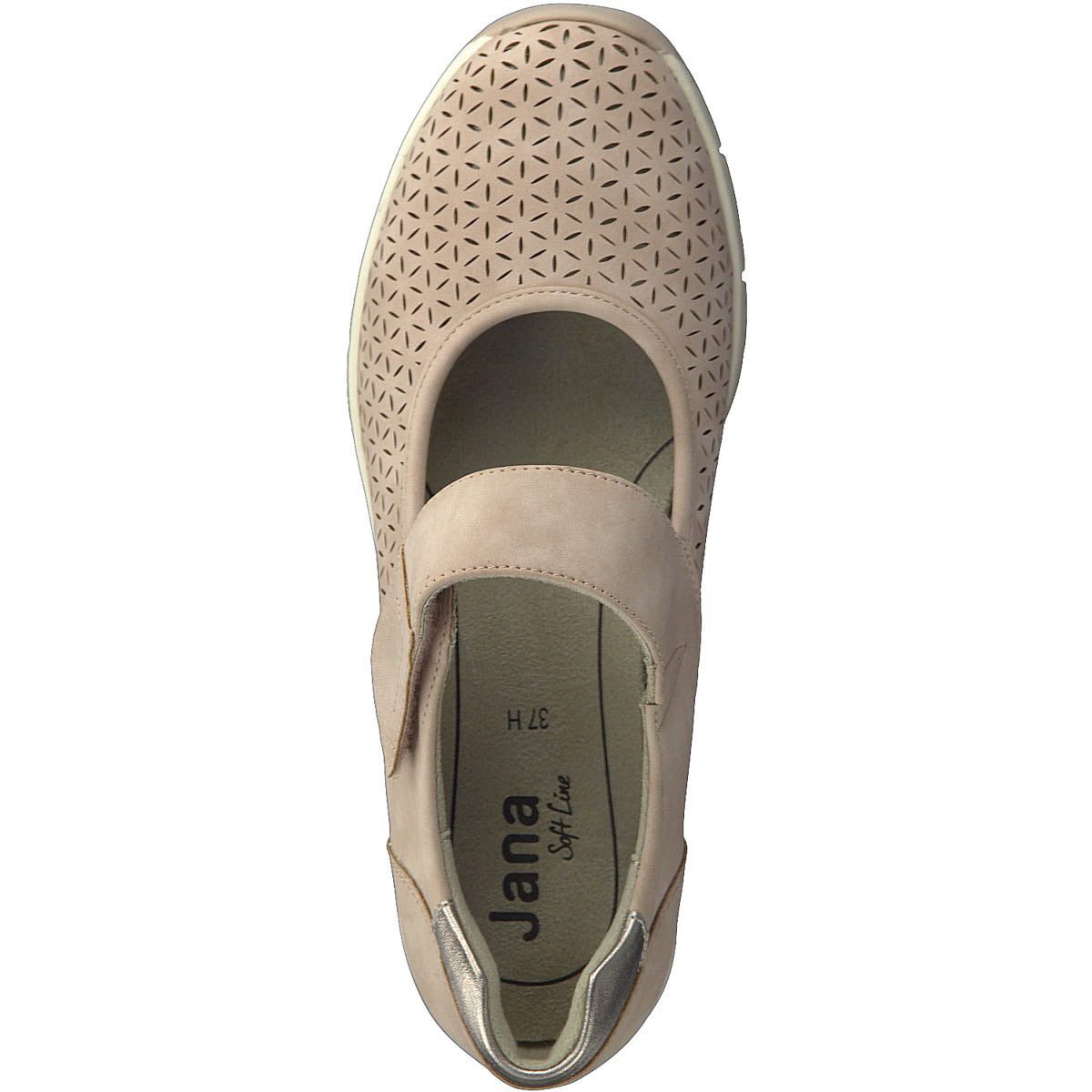 Top view displaying the rounded toe and velcro strap of the soft pink shoe.