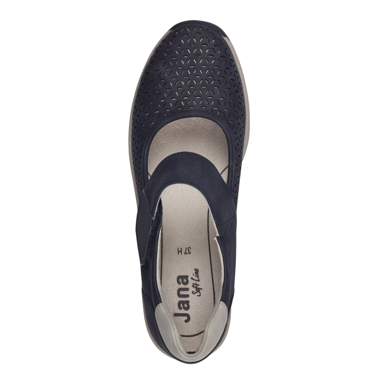 Top view of the navy shoe with rounded toe and beige detail.