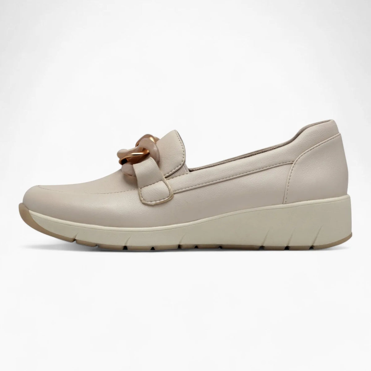 Jana Softline Beige Loafer-Wedge Hybrid – Wide Fit &amp; Chain Accent - Leavys Shoes