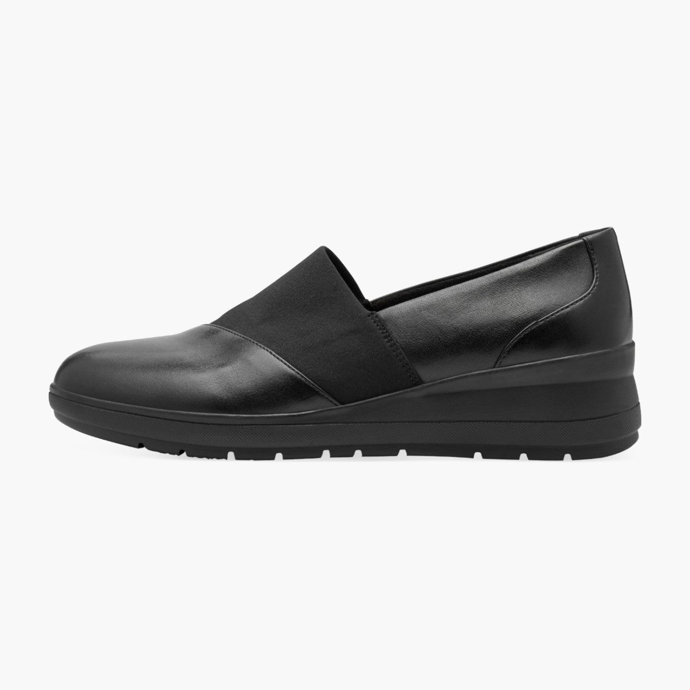 Jana Black Leather Textile Slip-On Wedge Shoe - Leavys Shoes