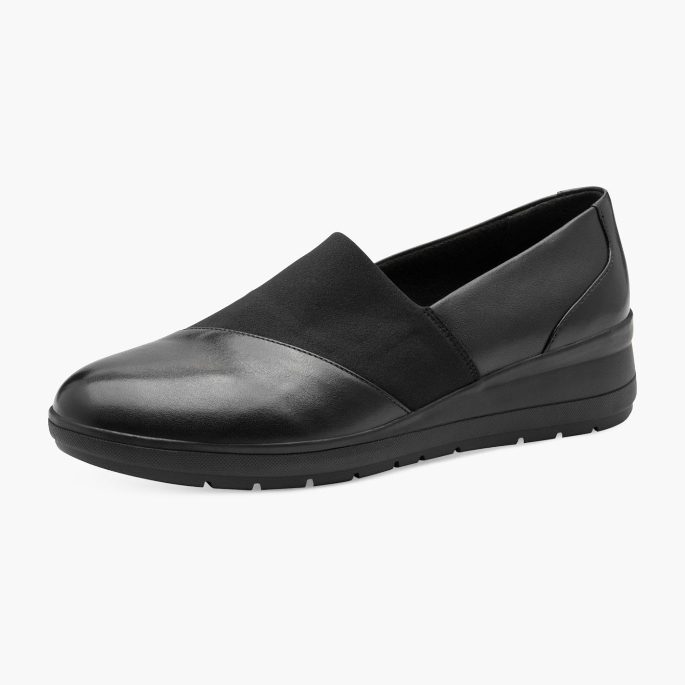 Jana Black Leather Textile Slip-On Wedge Shoe - Leavys Shoes