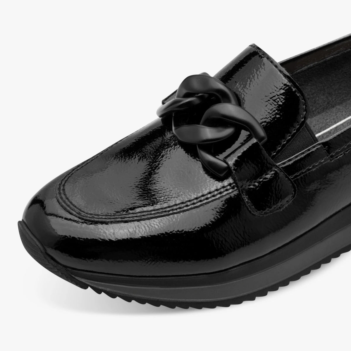 Jana Black Patent Wide Fit Chain Wedge Loafers