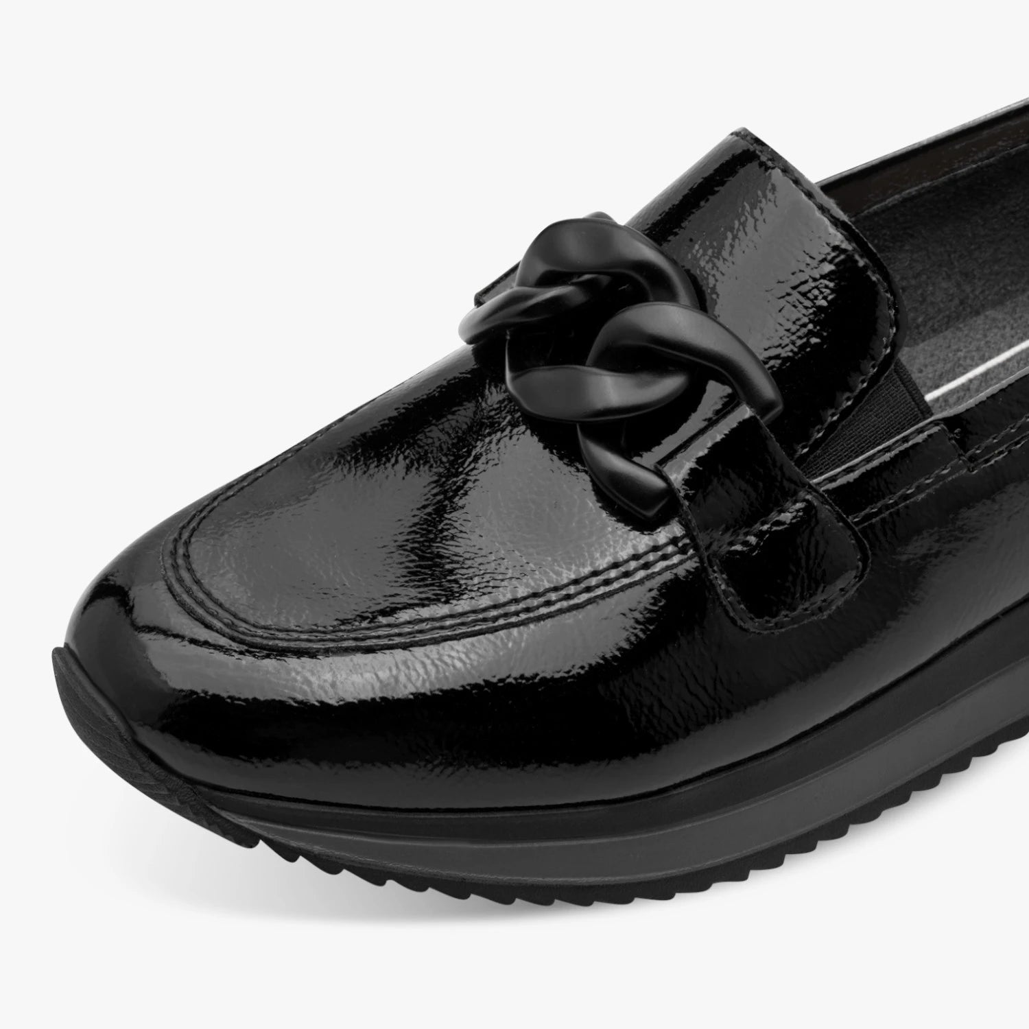 Jana Black Patent Wide Fit Chain Wedge Loafers