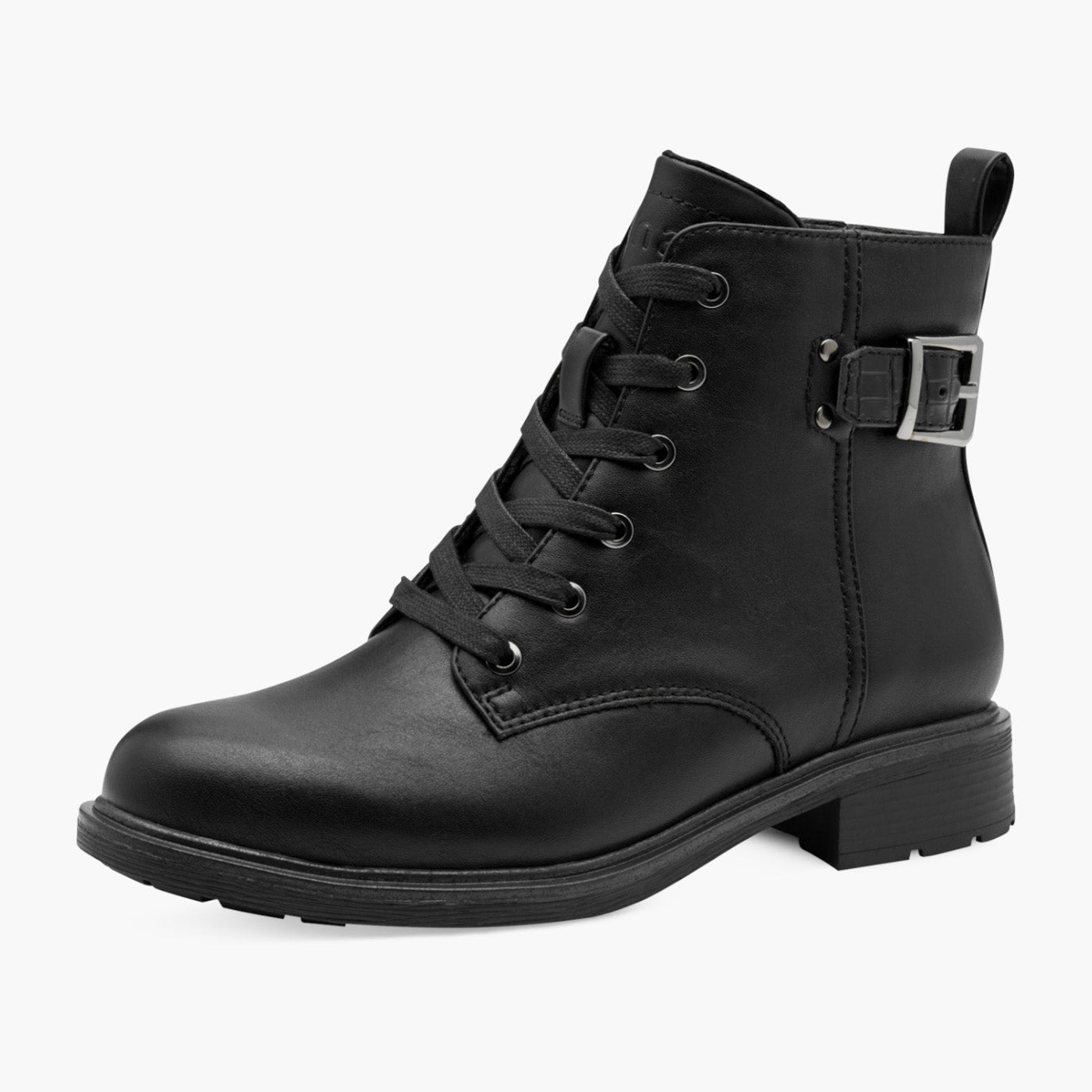 Jana Vegan Black Lace-Up Ankle Boot with Buckle Detail - Leavys Shoes