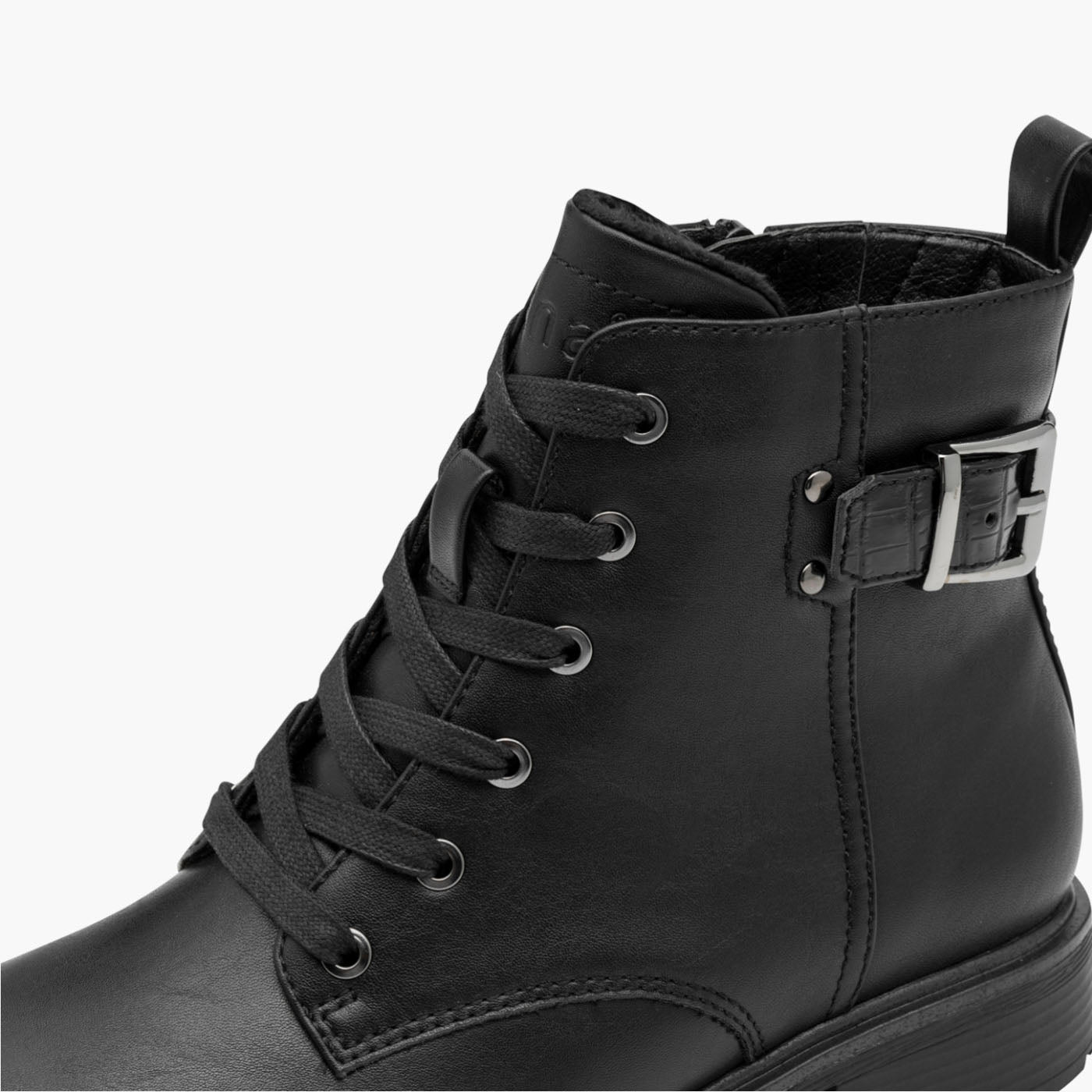 Jana Vegan Black Lace-Up Ankle Boot with Buckle Detail - Leavys Shoes
