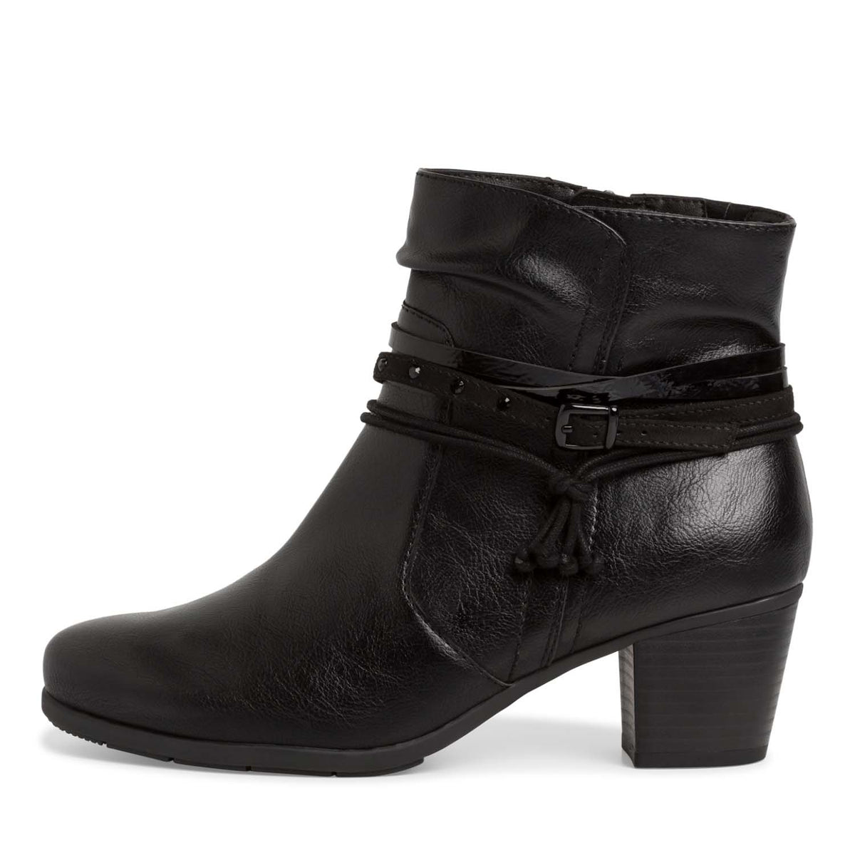 Front view of the Jana Black Block Heel Ankle Boot
