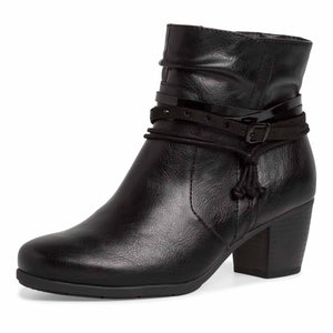 Angled view showing the straps around the Black Block Heel Ankle Boot
