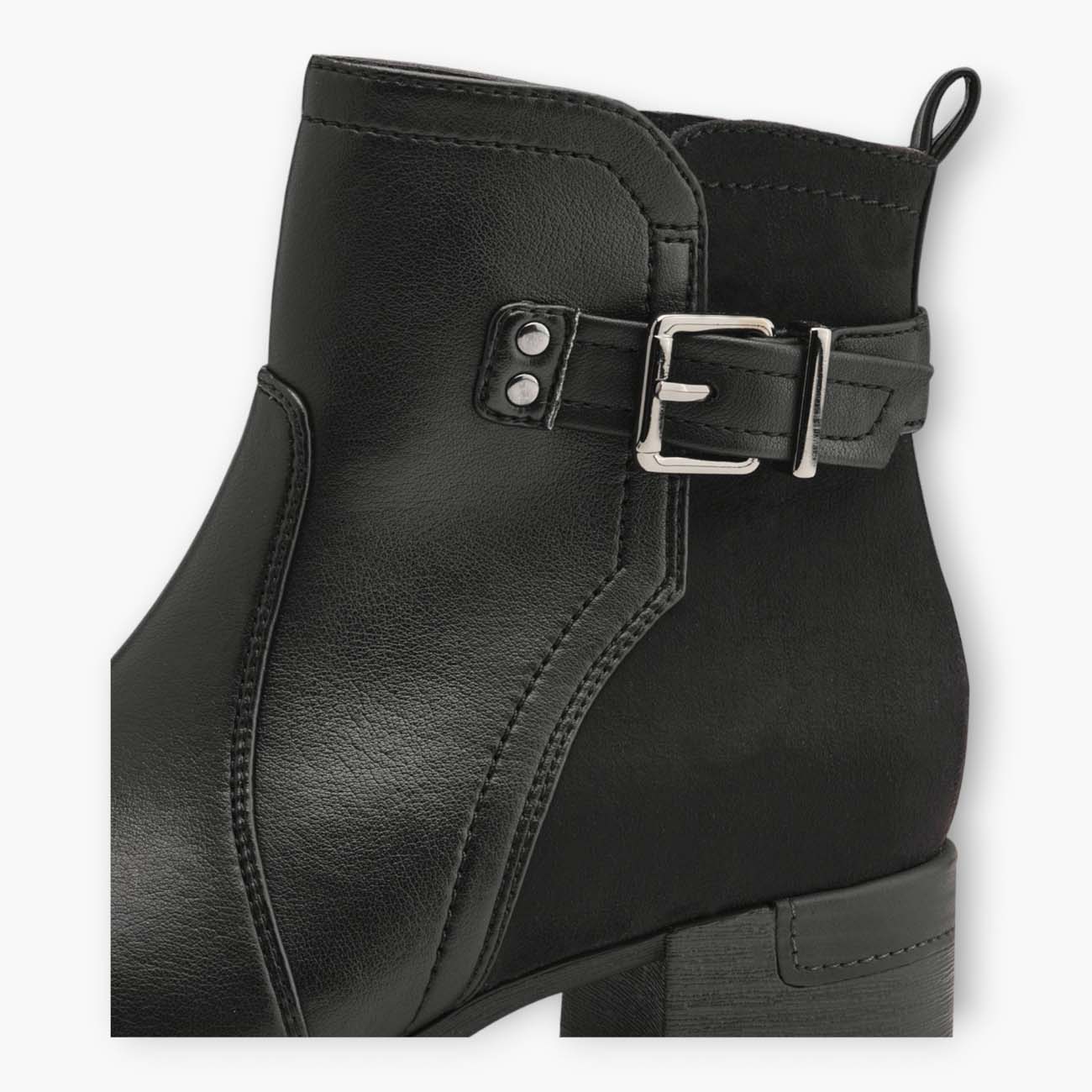 Jana Black Vegan Ankle Boots with Block Heel and Silver Buckle Detail