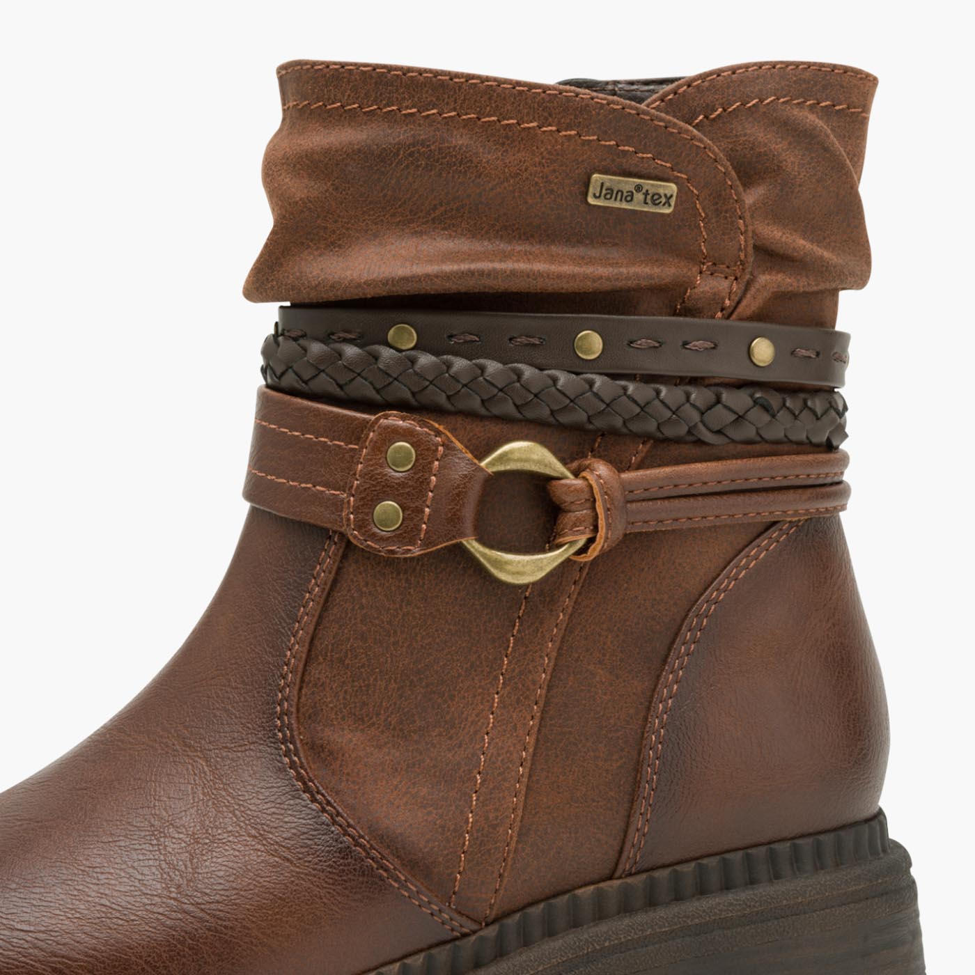 Jana TEX Vegan Brown Ankle Boots with Braided Strap Detail - Leavys Shoes