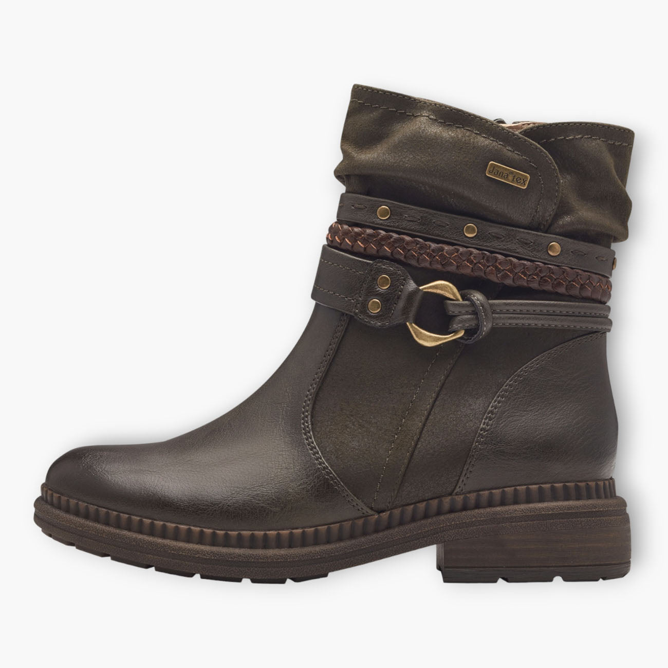 Jana Olive Vegan Boots with Chunky Sole and Chain Detail