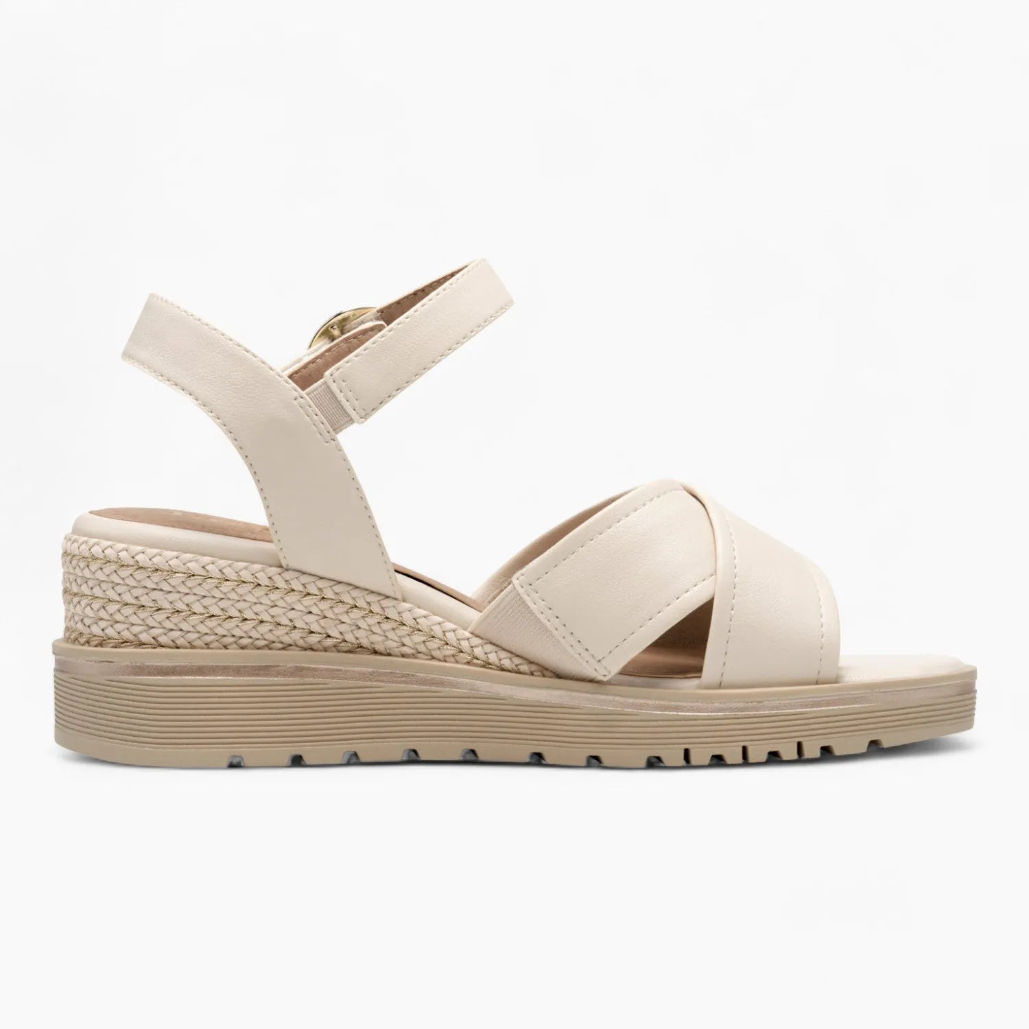Jana Softline Beige Wedge Sandal – Espadrille Detail & Wide Fit - Leavys Shoes