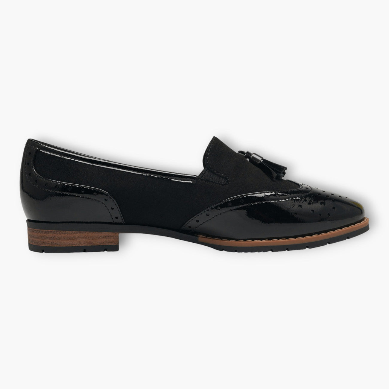 Jana Black Wide Fit Patent Brogue Detail Slip-On Loafers - Leavys Shoes