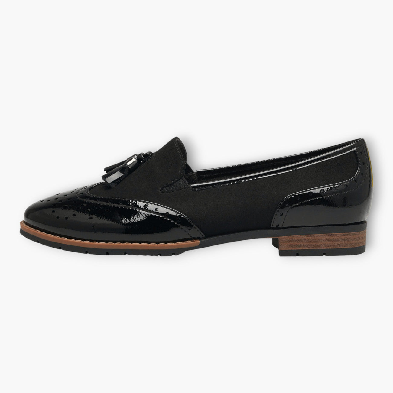 Jana Black Wide Fit Patent Brogue Detail Slip-On Loafers