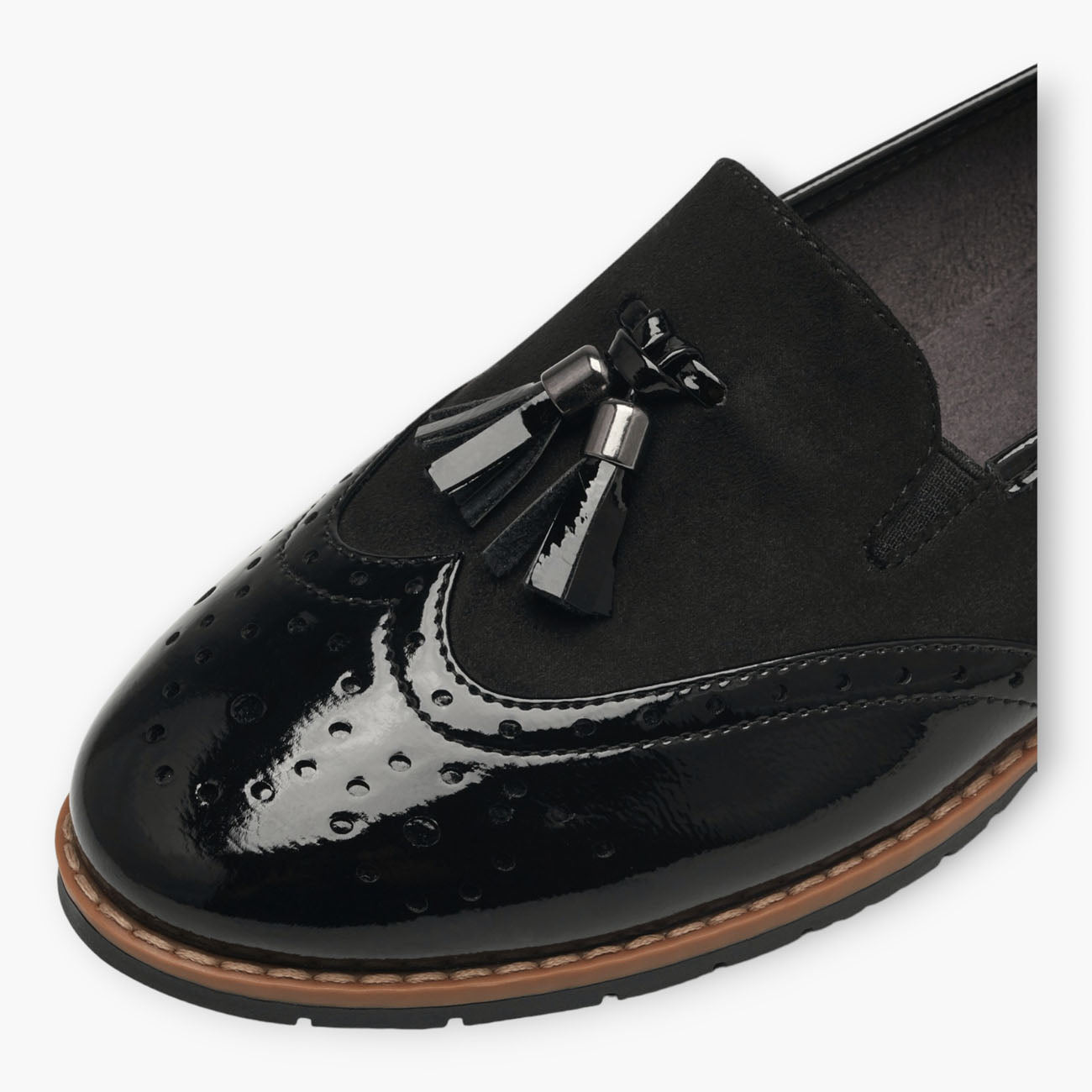 Jana Black Wide Fit Patent Brogue Detail Slip-On Loafers - Leavys Shoes