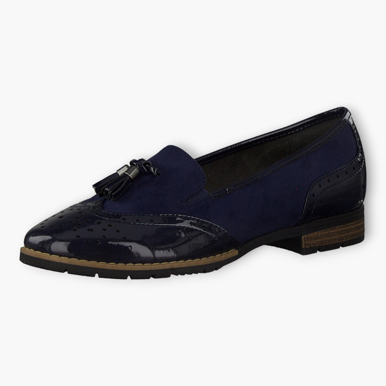 Jana Navy Brogue-Style Slip-On Loafers with Brown Side Sole - Leavys Shoes