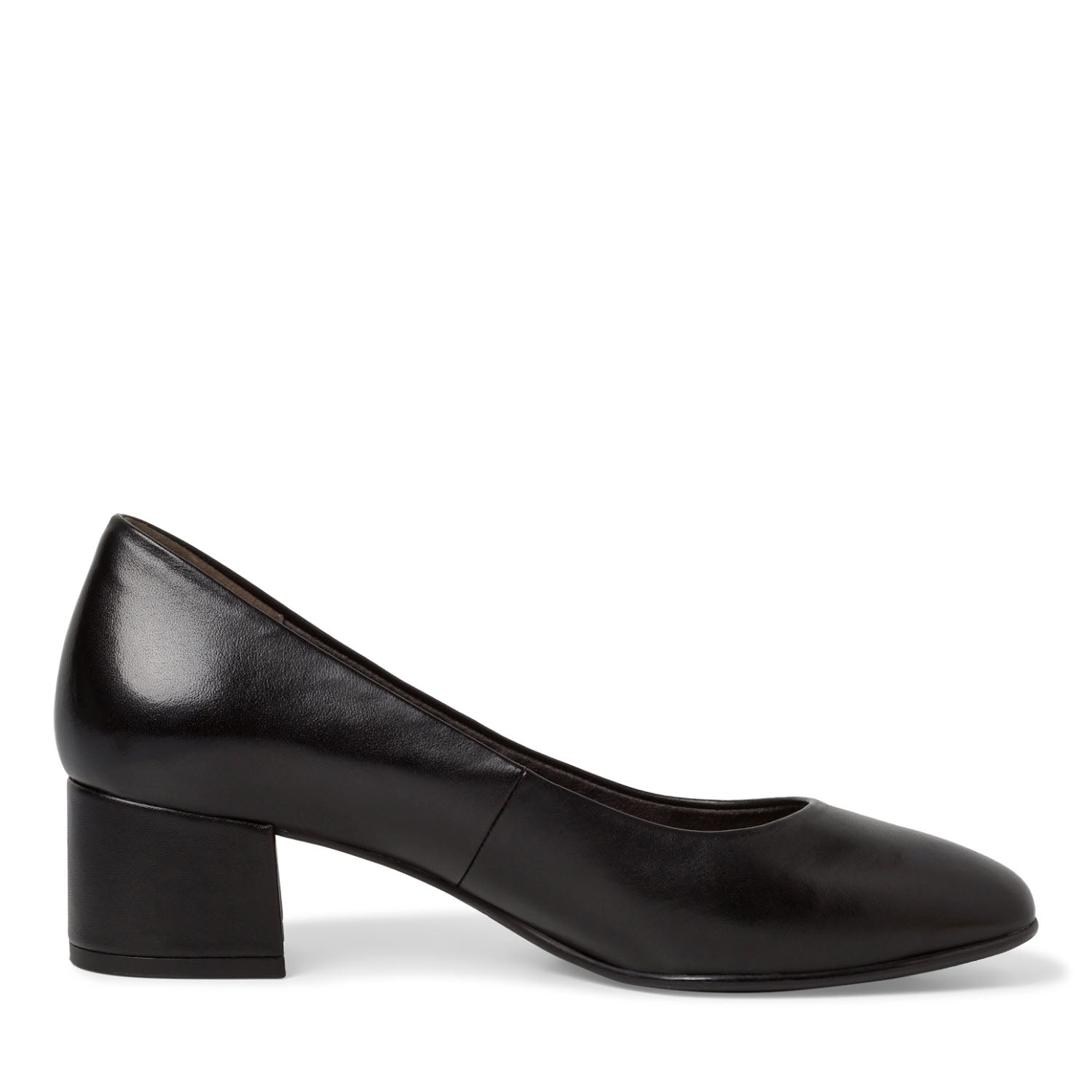 Angled view of the Black Block Heel Court Shoe.