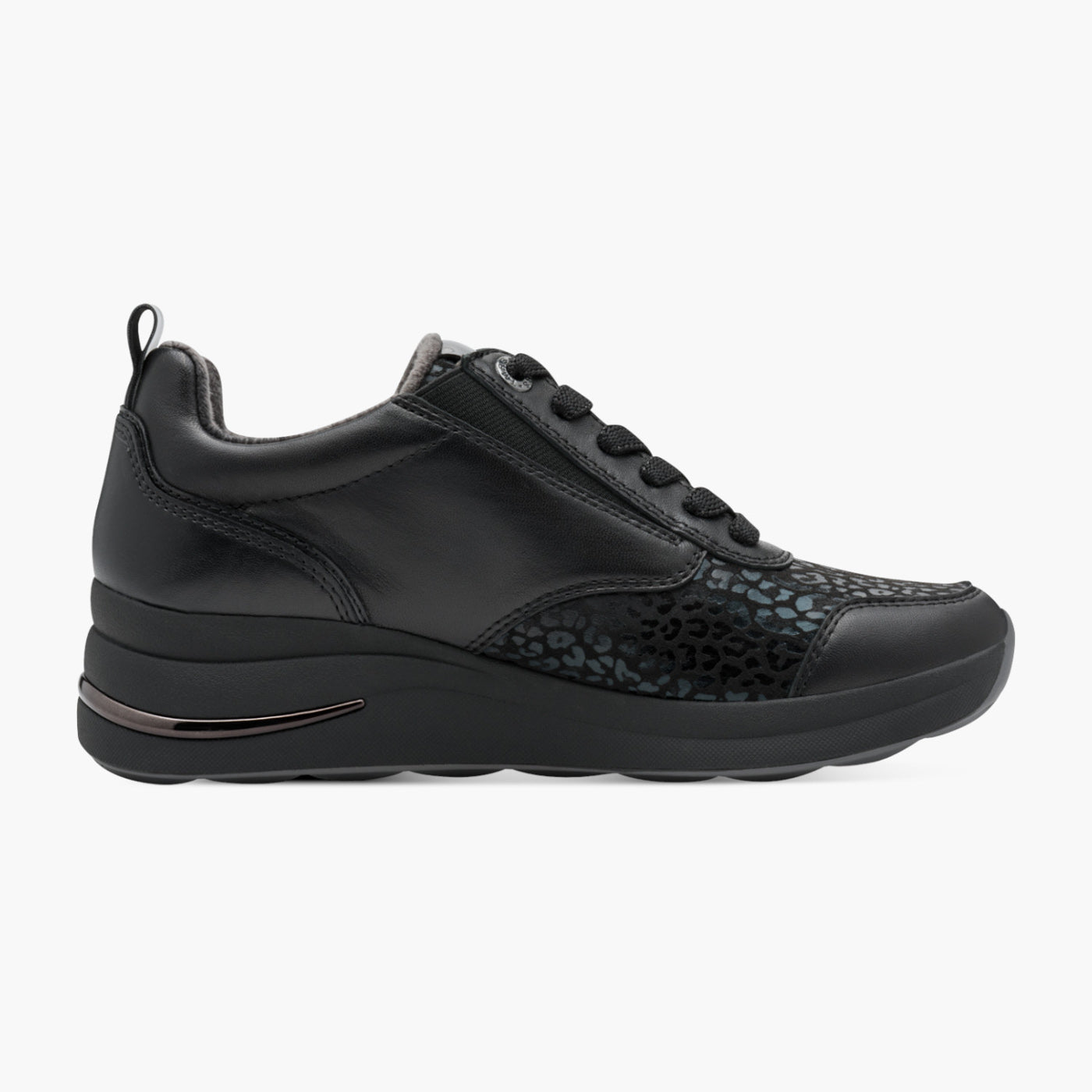 Tamaris Comfort Black Trainer with Animal Print & Side Zip
