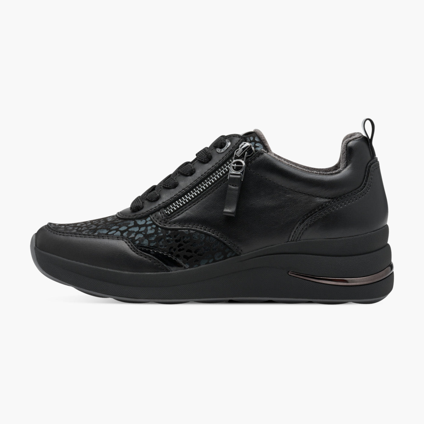 Tamaris Comfort Black Trainer with Animal Print & Side Zip