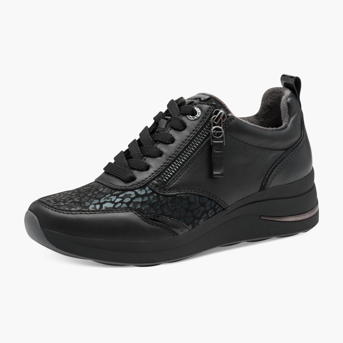 Tamaris Comfort Black Trainer with Animal Print & Side Zip - Leavys Shoes