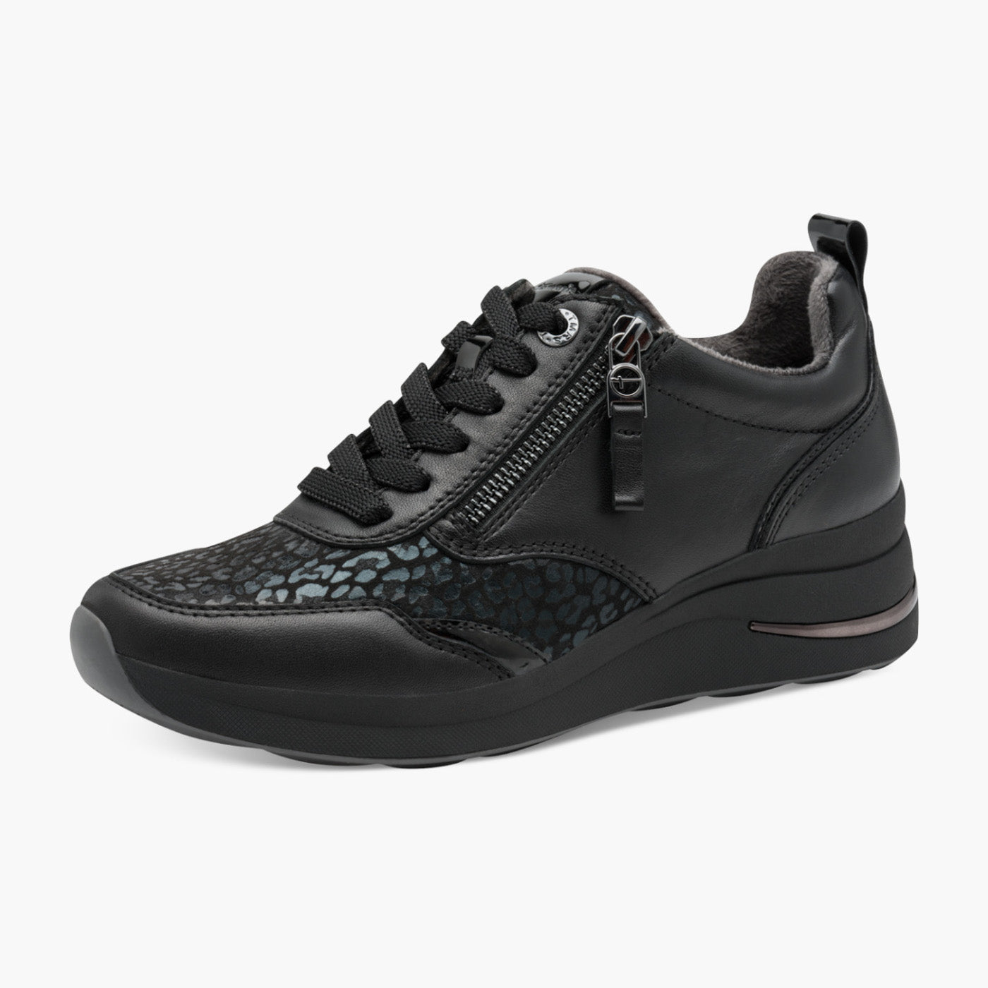 Tamaris Comfort Black Trainer with Animal Print & Side Zip - Leavys Shoes