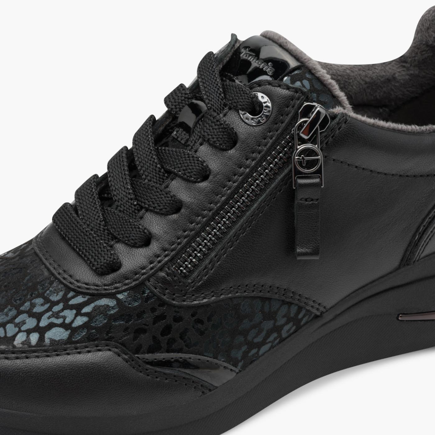 Tamaris Comfort Black Trainer with Animal Print & Side Zip