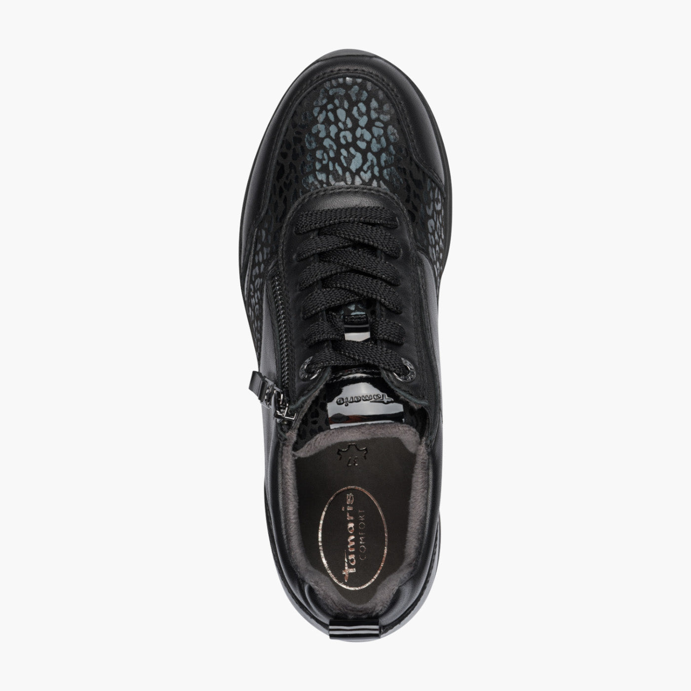 Tamaris Comfort Black Trainer with Animal Print & Side Zip