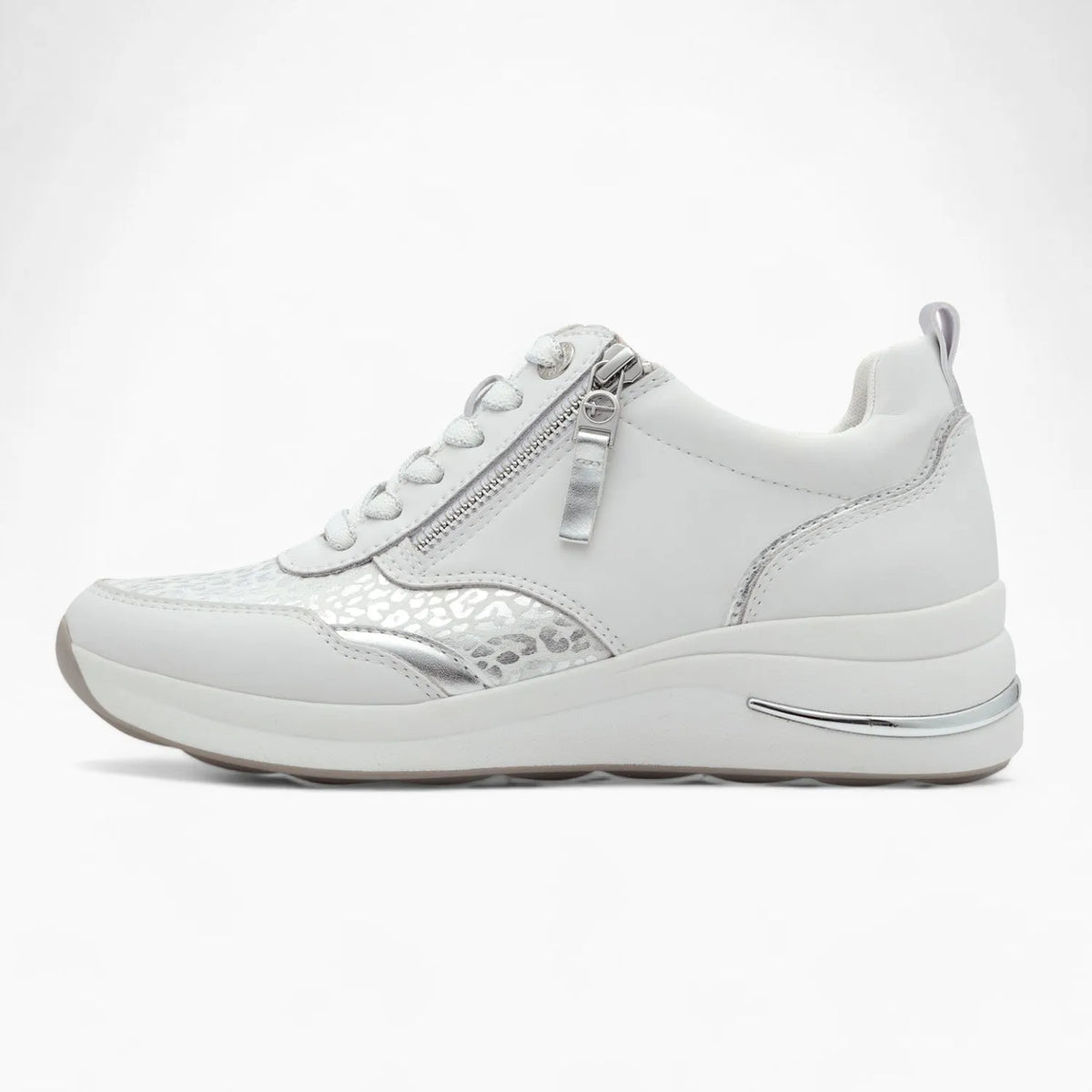 Tamaris Comfort Women&#39;s Runner – White, Silver Accents &amp; Wedge Soleg - Leavys Shoes