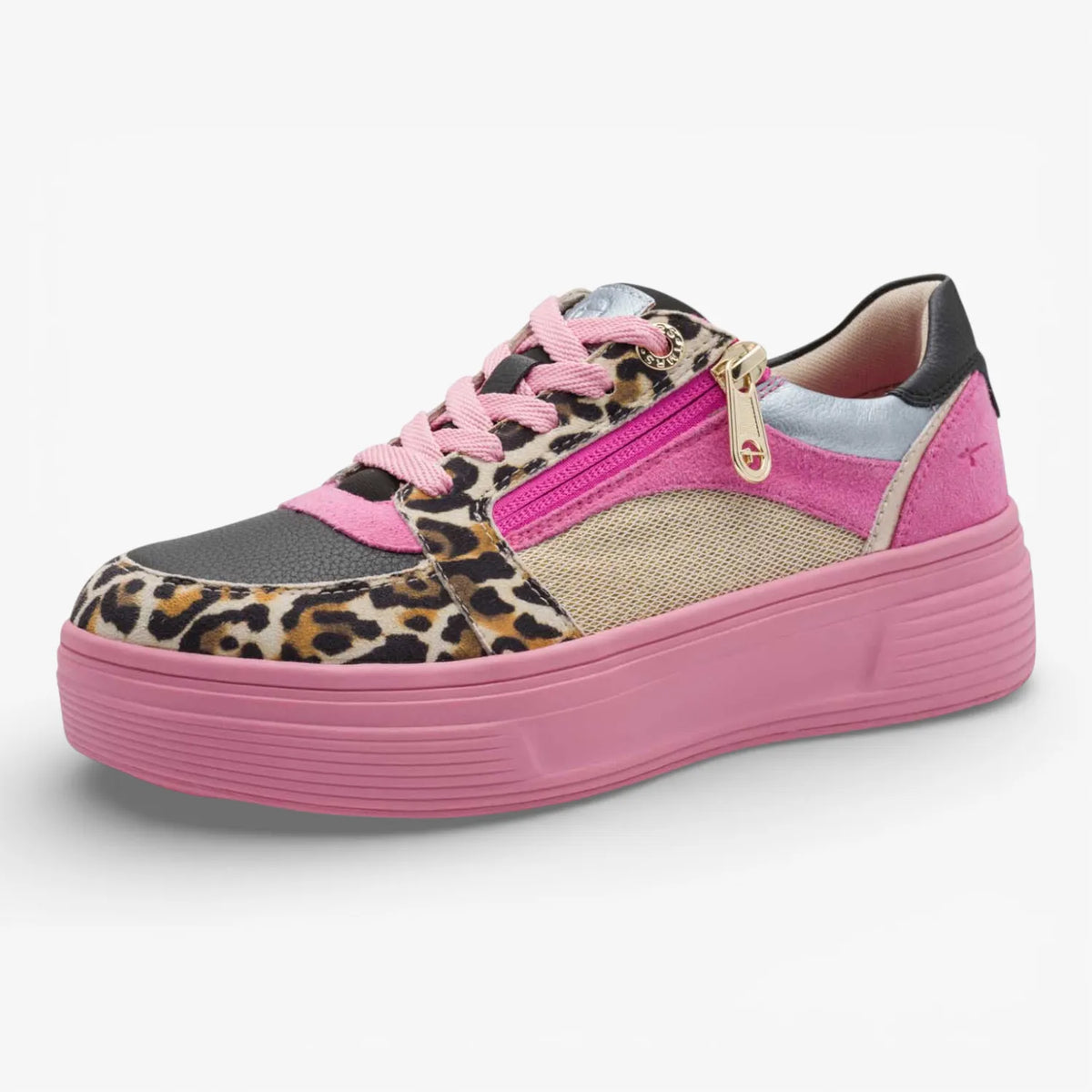 Tamaris Comfort Pink Multi Platform Trainer with Zip and Leopard Detail