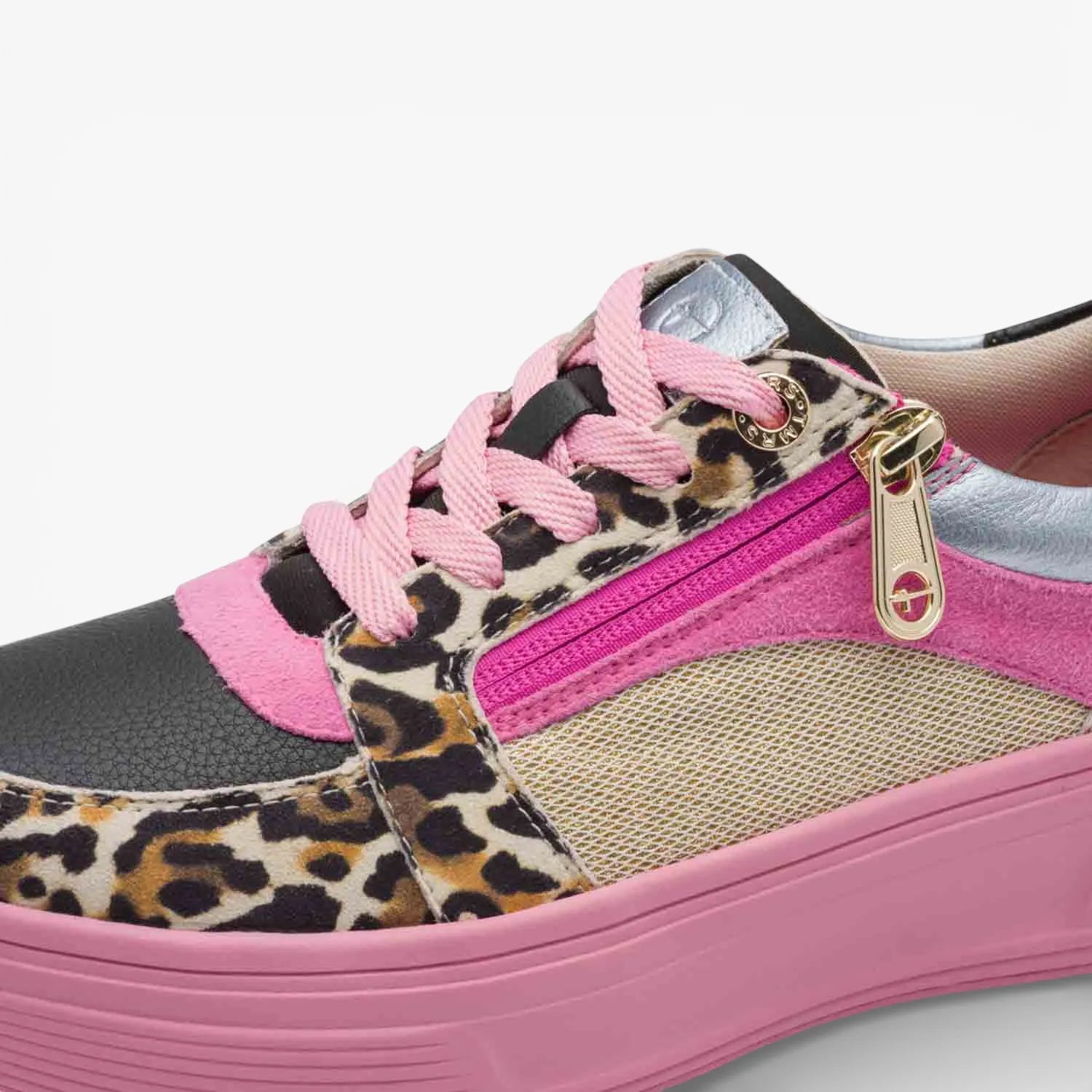 Tamaris Comfort Pink Multi Platform Trainer with Zip and Leopard Detail