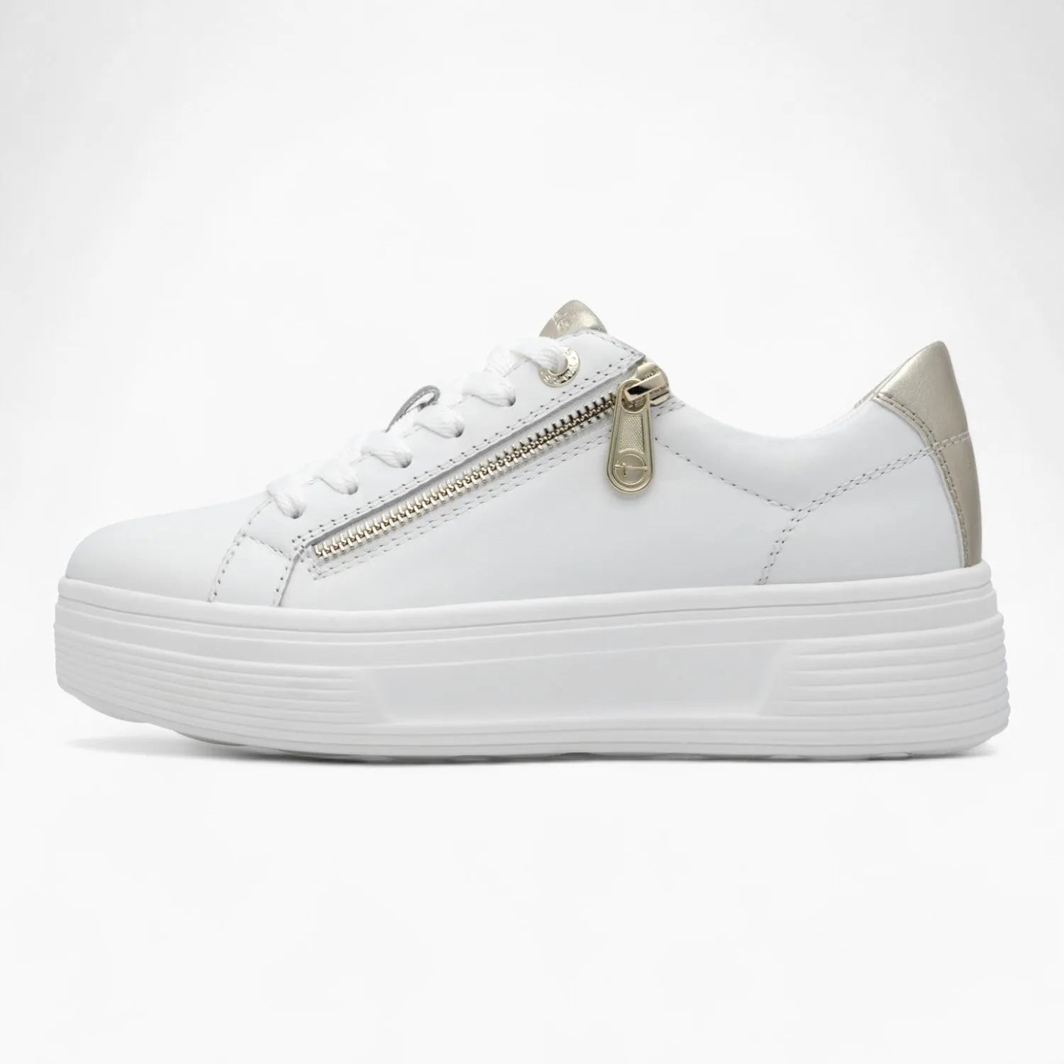 Tamaris Comfort White Runner – Wide Fit with Gold Accents - Leavys Shoes