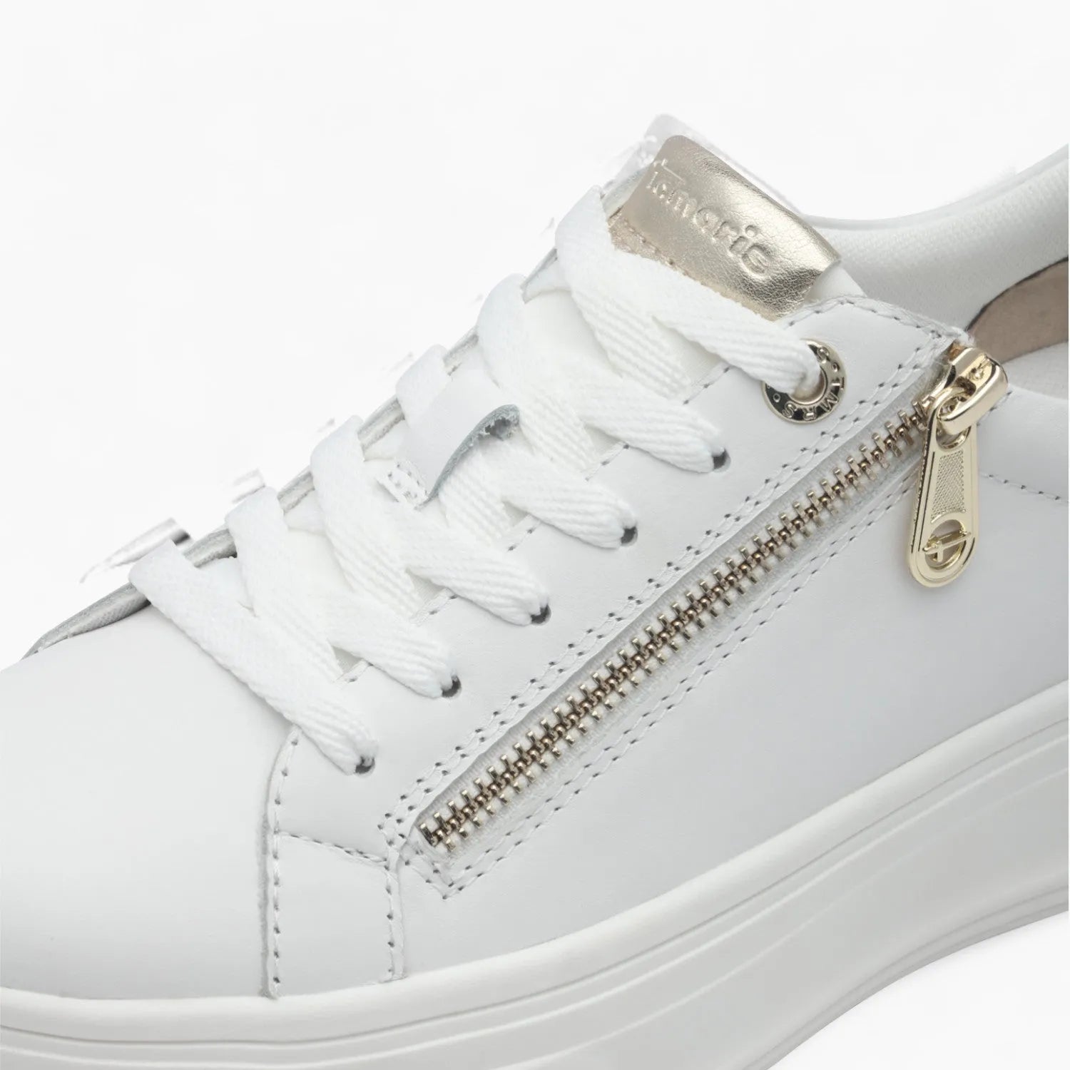 Tamaris Comfort White Runner – Wide Fit with Gold Accents - Leavys Shoes