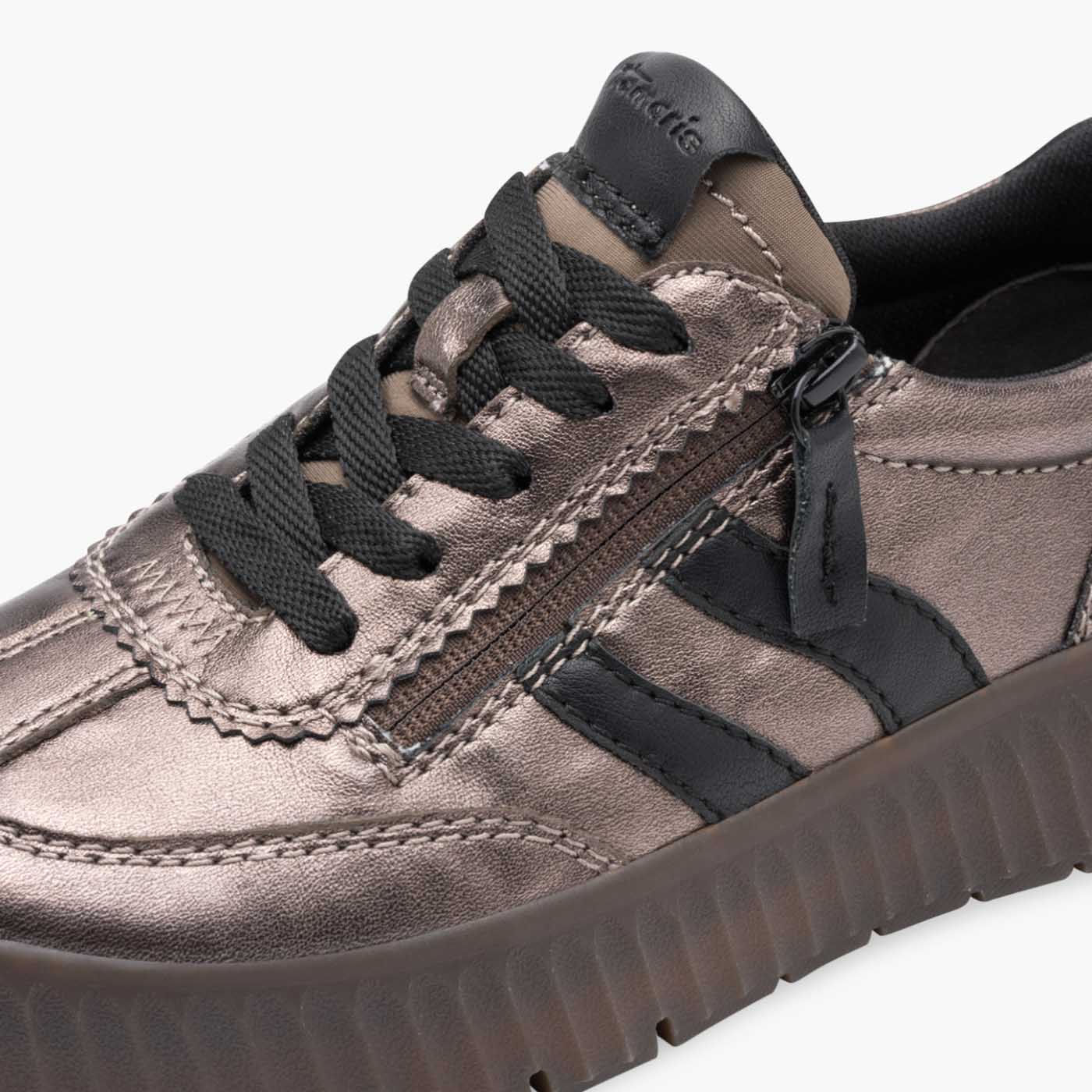 Tamaris Comfort Bronze Wide Fit Trainers with Side Zip - Leavys Shoes