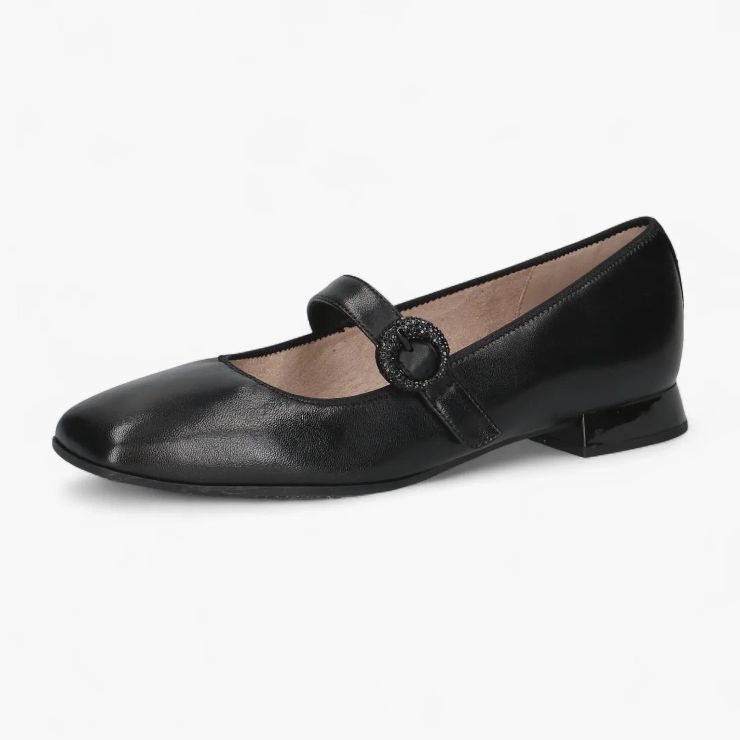 Caprice Black Leather Mary Jane Ballerina with Buckle - Leavys Shoes