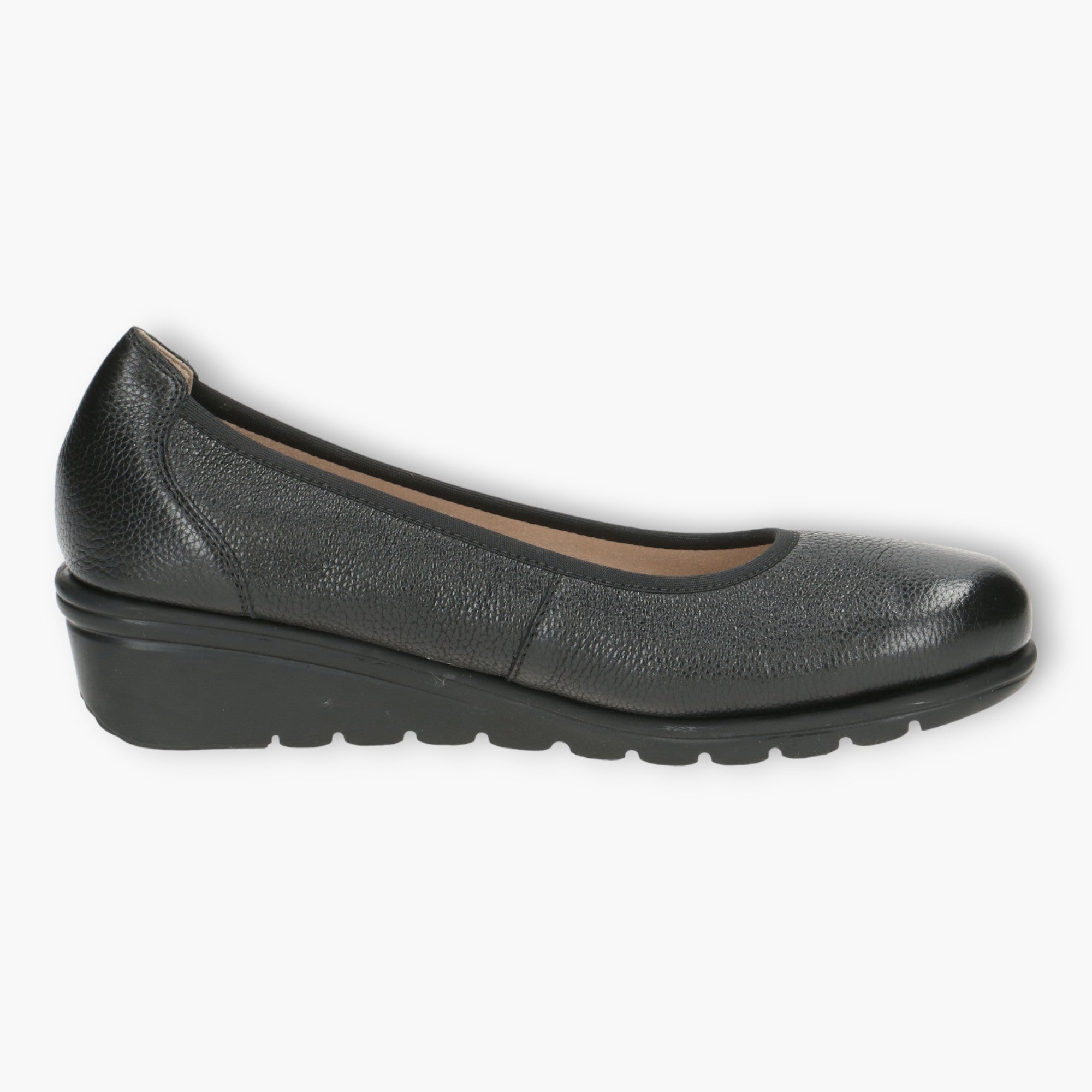 Caprice Black Leather Ballerina Shoes with Wedge Sole and Elasticated Opening - Leavys Shoes