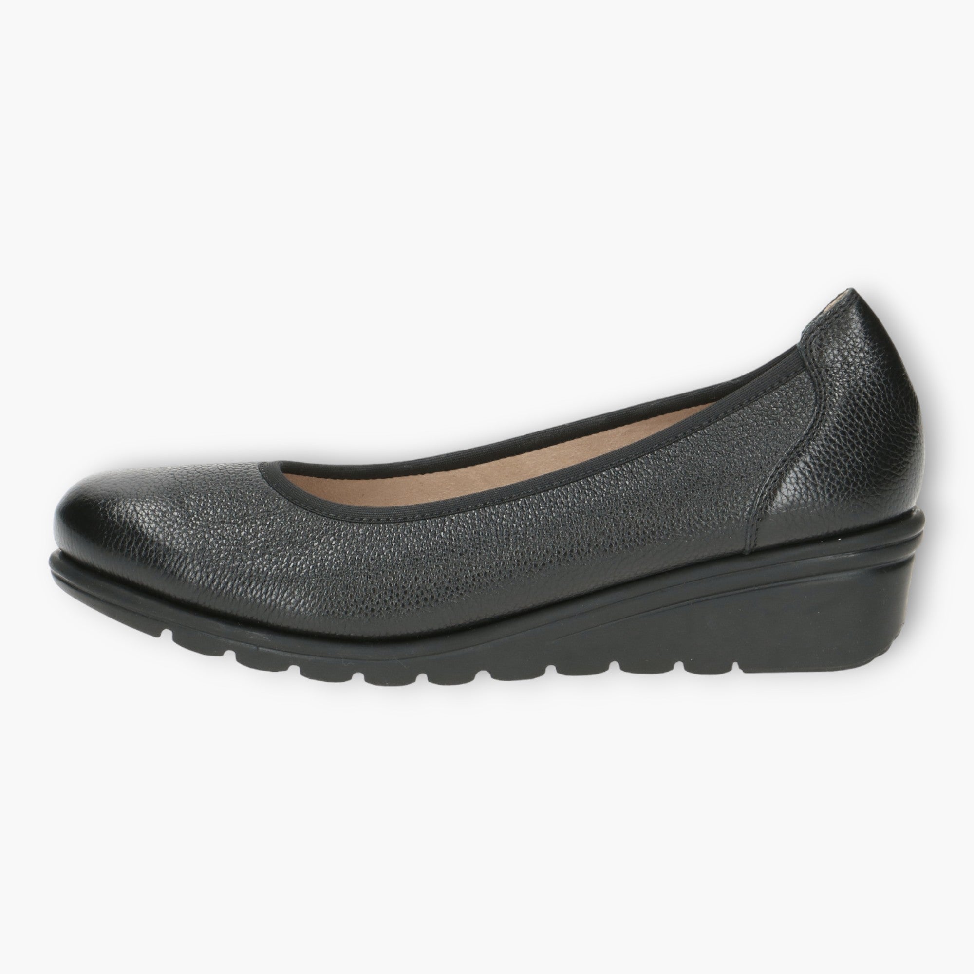 Caprice Black Leather Ballerina Shoes with Wedge Sole and Elasticated Opening - Leavys Shoes