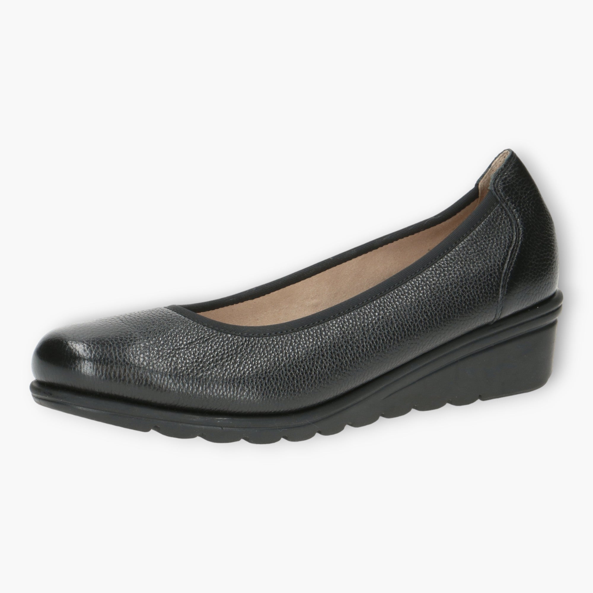 Caprice Black Leather Ballerina Shoes with Wedge Sole and Elasticated Opening - Leavys Shoes