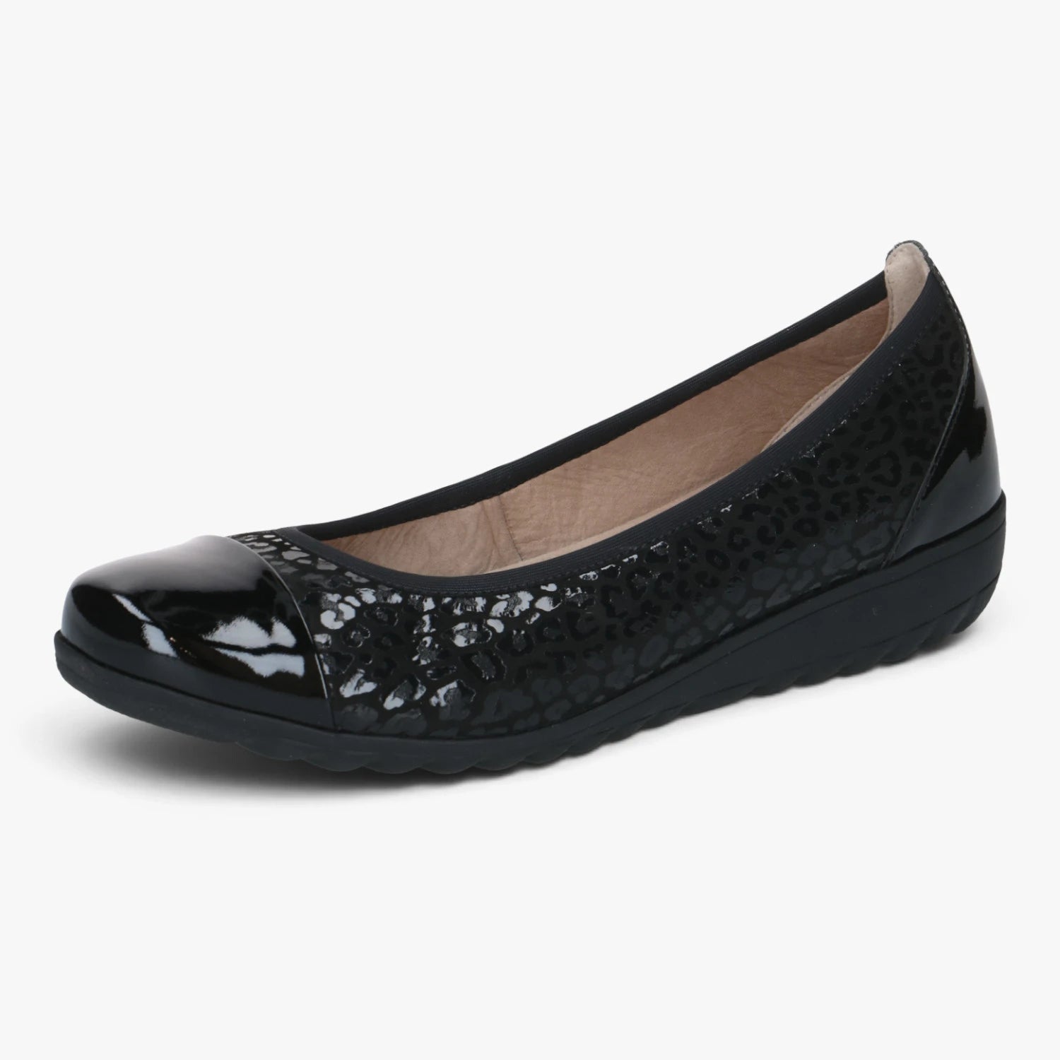 Caprice Black Leopard Leather Comfort Ballerinas