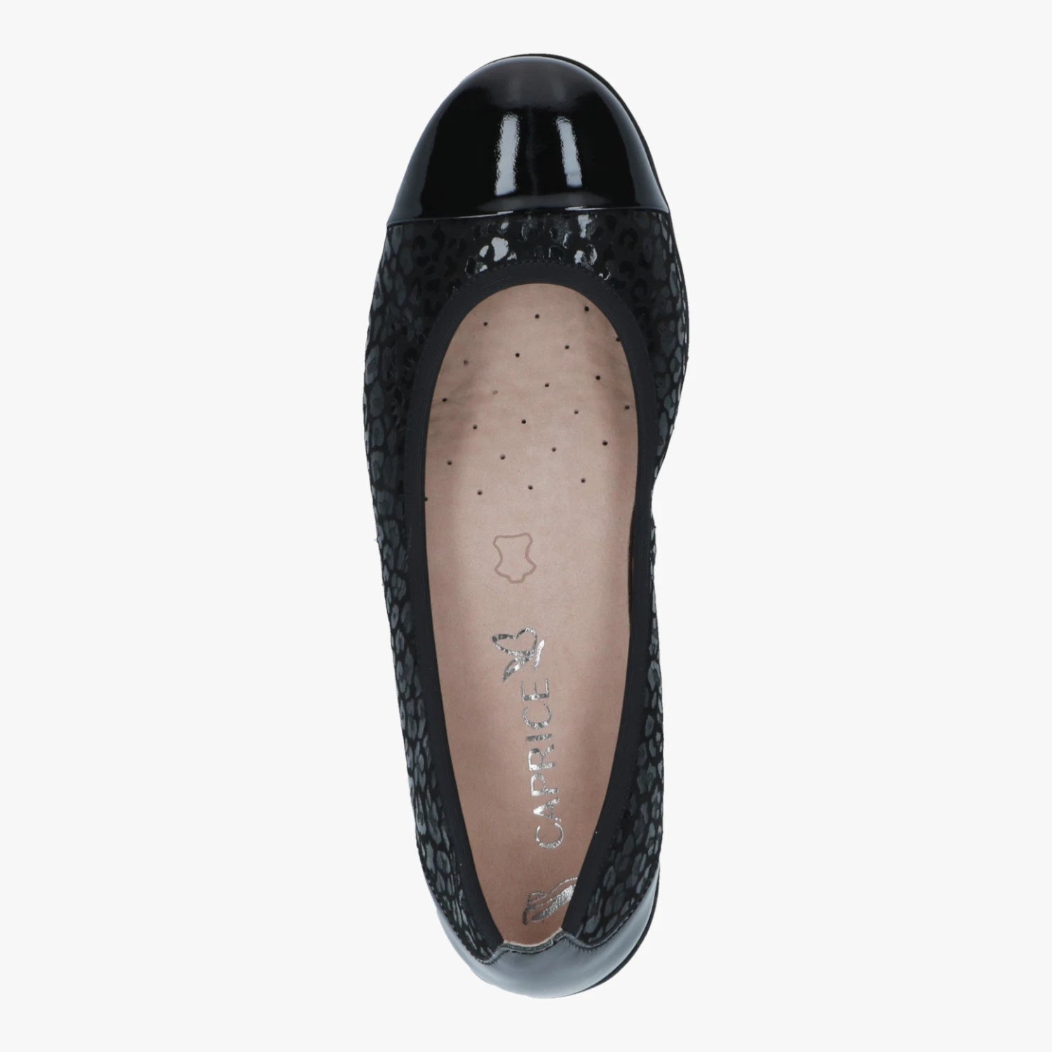 Caprice Black Leopard Leather Comfort Ballerinas