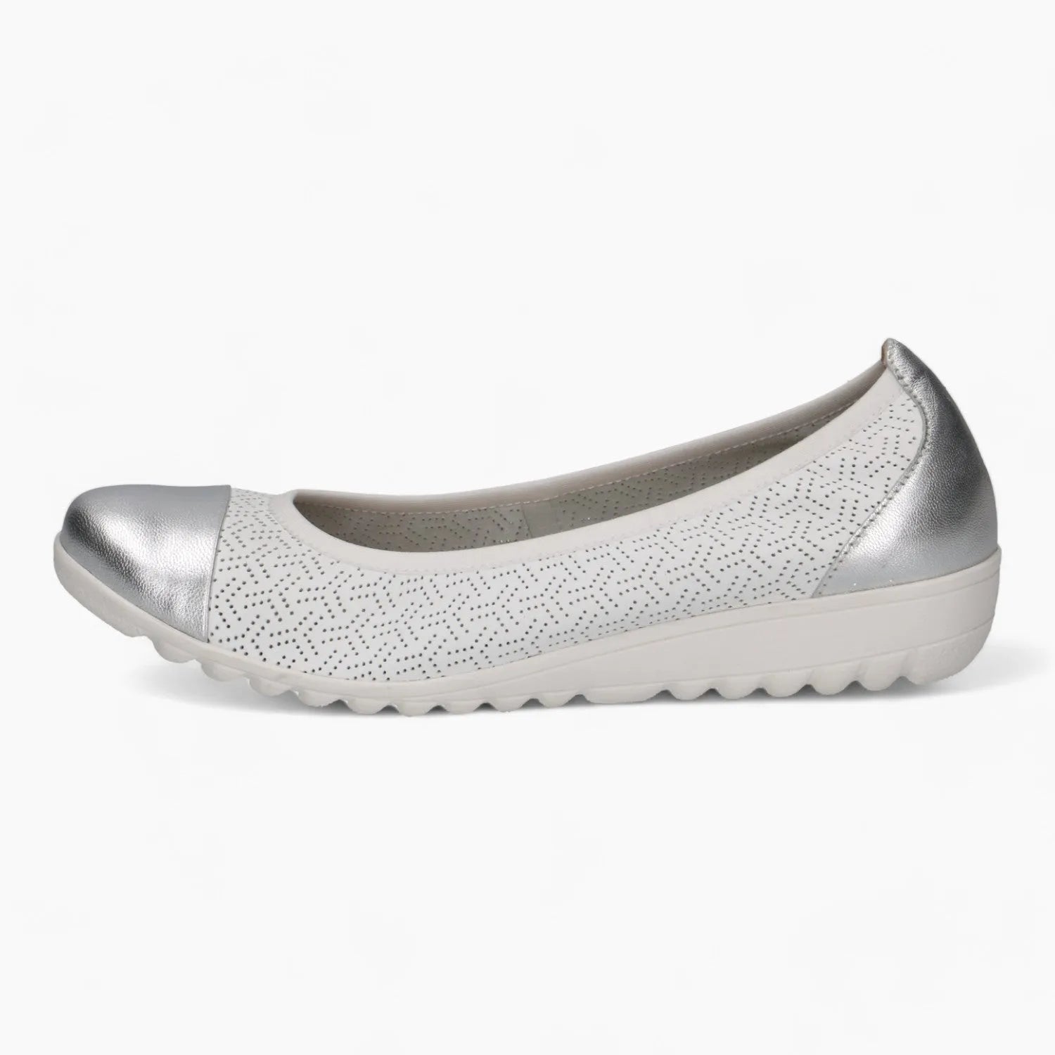 Caprice White Ballerina Shoe – Silver Accents & AIRMOTION Comfort - Leavys Shoes