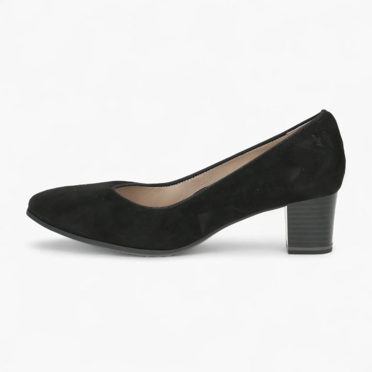 Caprice Black Suede Court Shoe with Block Heel - Leavys Shoes