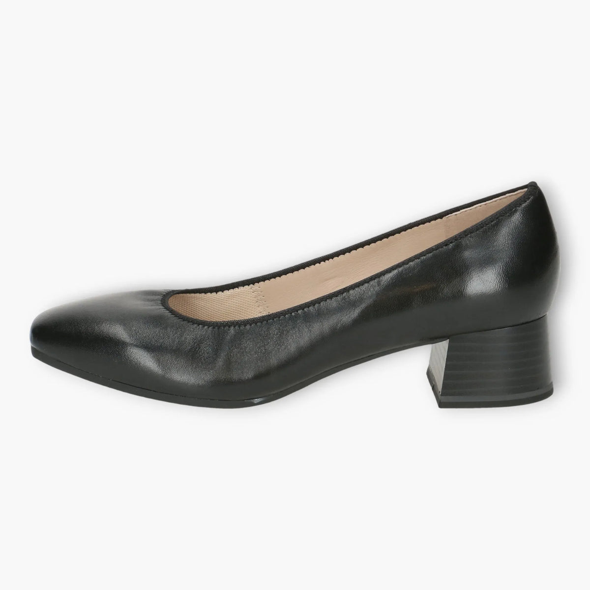 Caprice Black Leather Court Shoes - Block Heel, Wide Fit &amp; Comfortable - Leavys Shoes