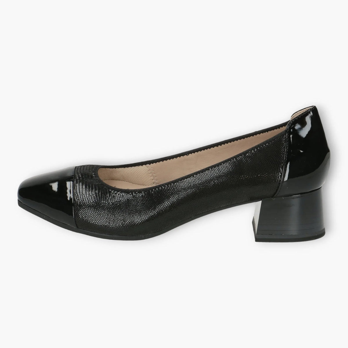 Caprice Black Patent Court Shoes - Block Heel, Wide Fit &amp; Comfortable - Leavys Shoes